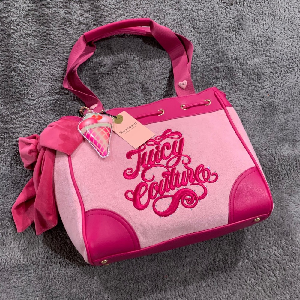 Juicy Couture Pink Velour Tote Bag Embroidered Logo Bow Ice Cream Charm NEW